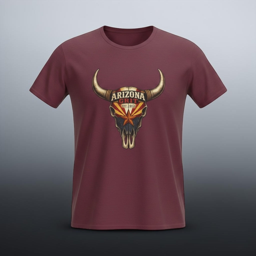 Unisex Arizona Grit Bull Skull T-shirt by Big Sky Ranch Co., vintage desert western style, featuring a detailed bull skull graphic.