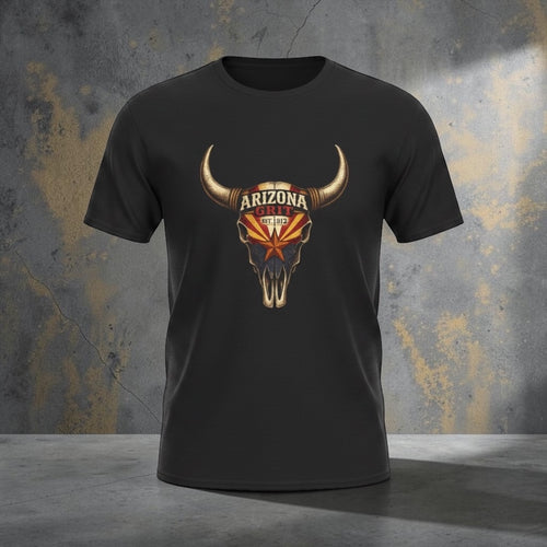 Vintage desert-themed Arizona Grit Bull Skull unisex T-shirt by Big Sky Ranch Co., featuring Western-style graphic on soft fabric.