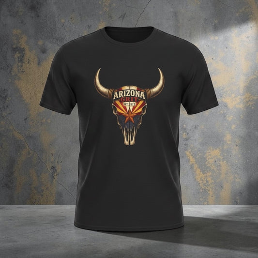 Vintage desert-themed Arizona Grit Bull Skull unisex T-shirt by Big Sky Ranch Co., featuring Western-style graphic on soft fabric.