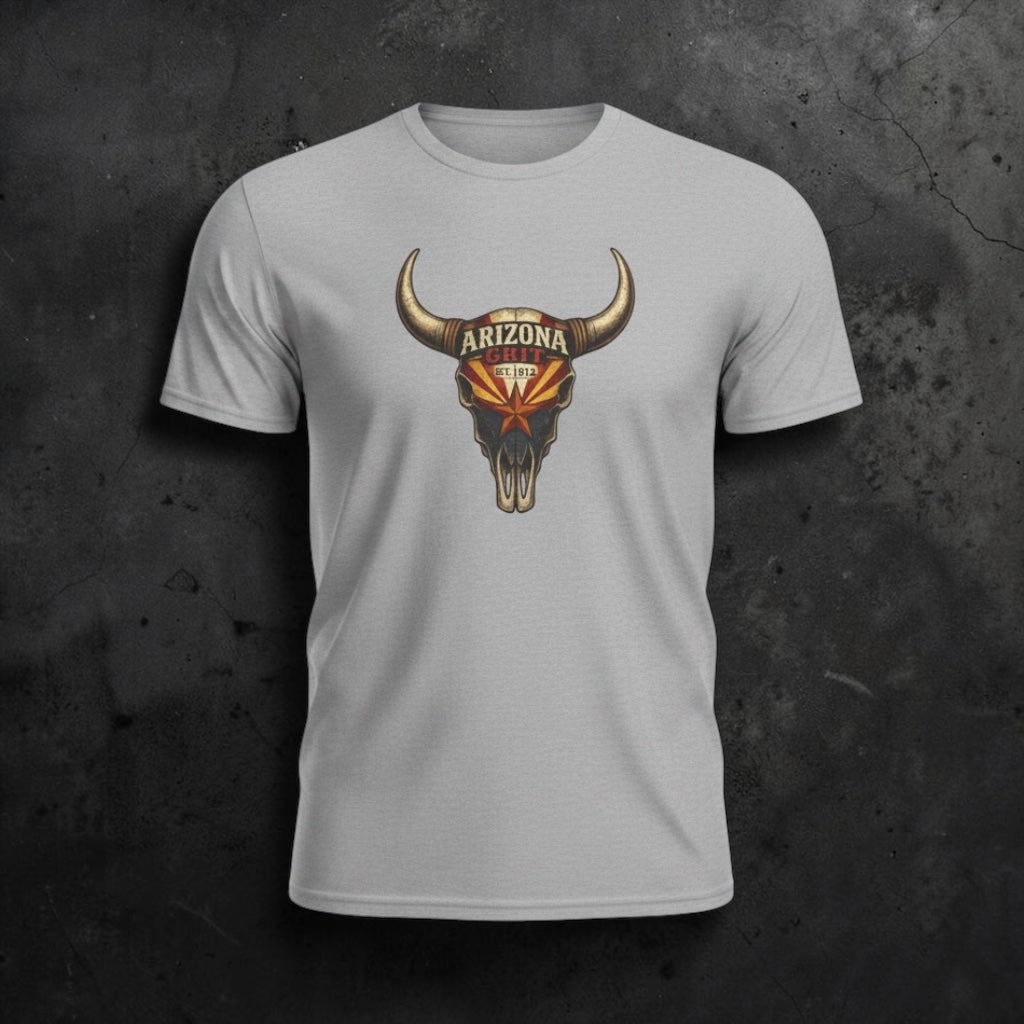 Unisex Arizona Grit Bull Skull T-shirt by Big Sky Ranch Co., vintage desert western style, featuring a detailed bull skull graphic.