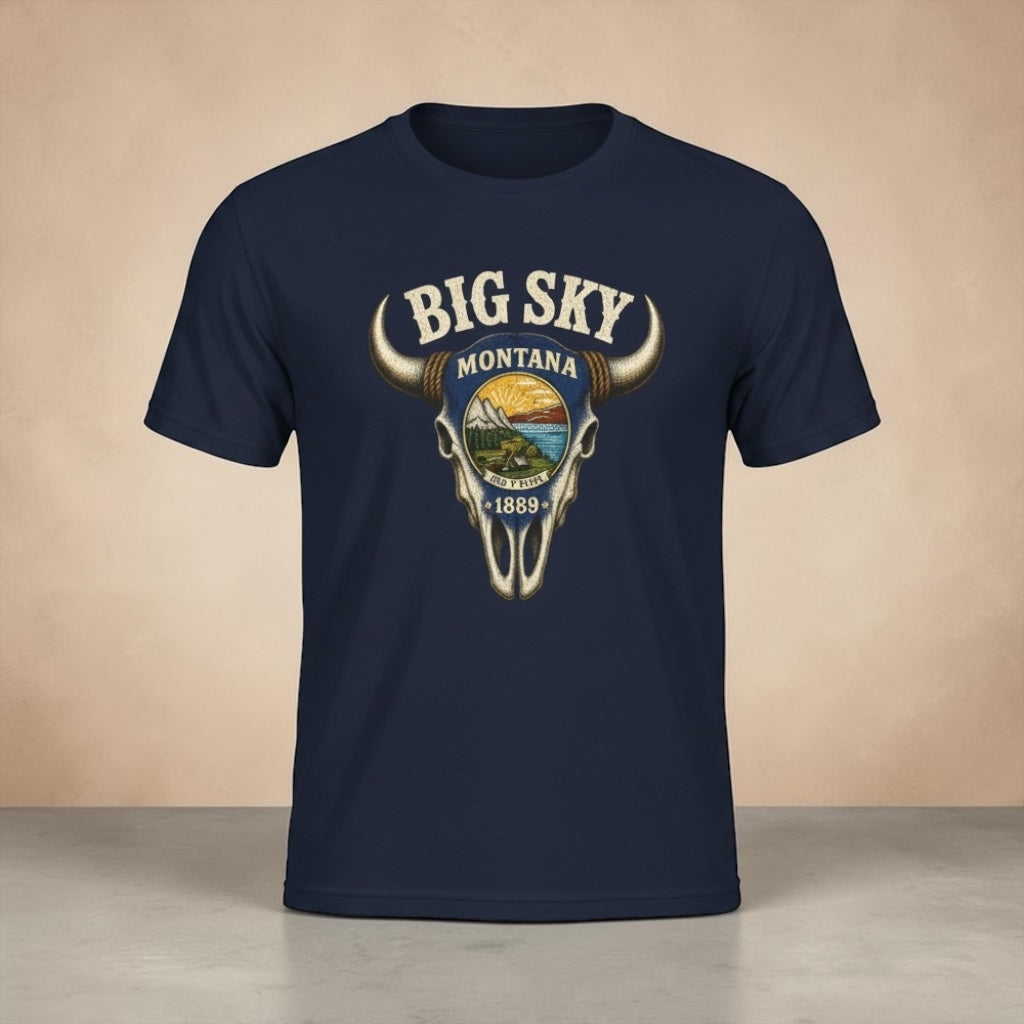 Big Sky Montana Unisex Tee — Vintage Buffalo Skull State Badge T‑Shirt