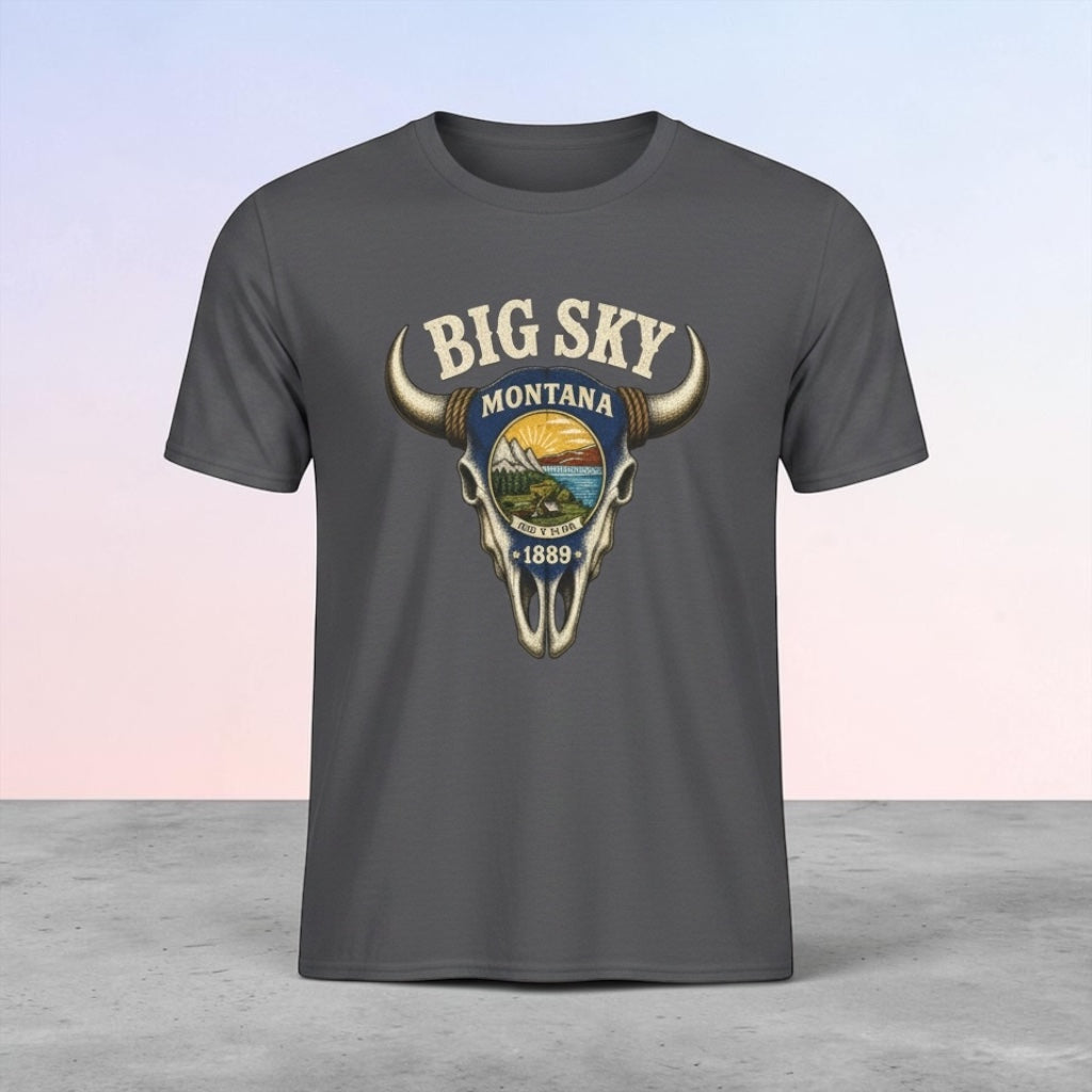 Big Sky Montana Unisex Tee — Vintage Buffalo Skull State Badge T‑Shirt