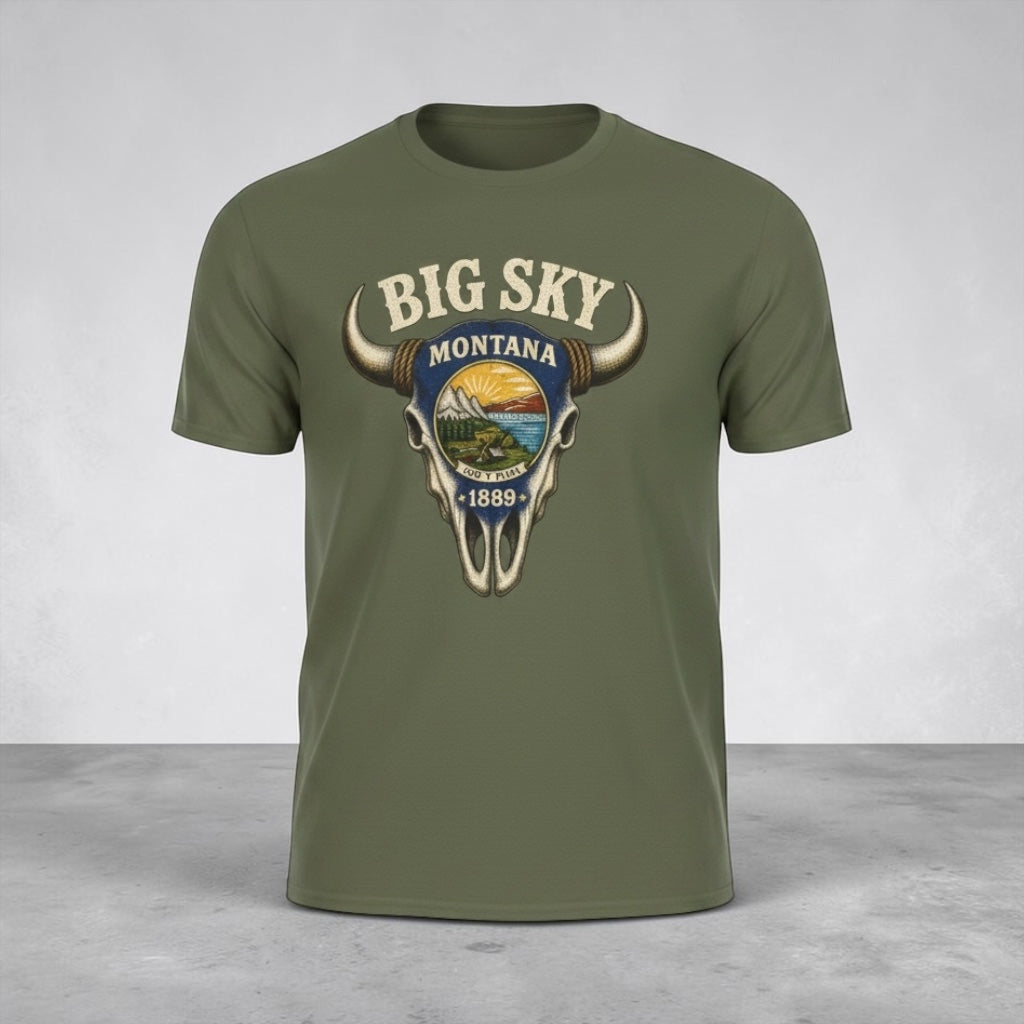 Big Sky Montana Unisex Tee — Vintage Buffalo Skull State Badge T‑Shirt