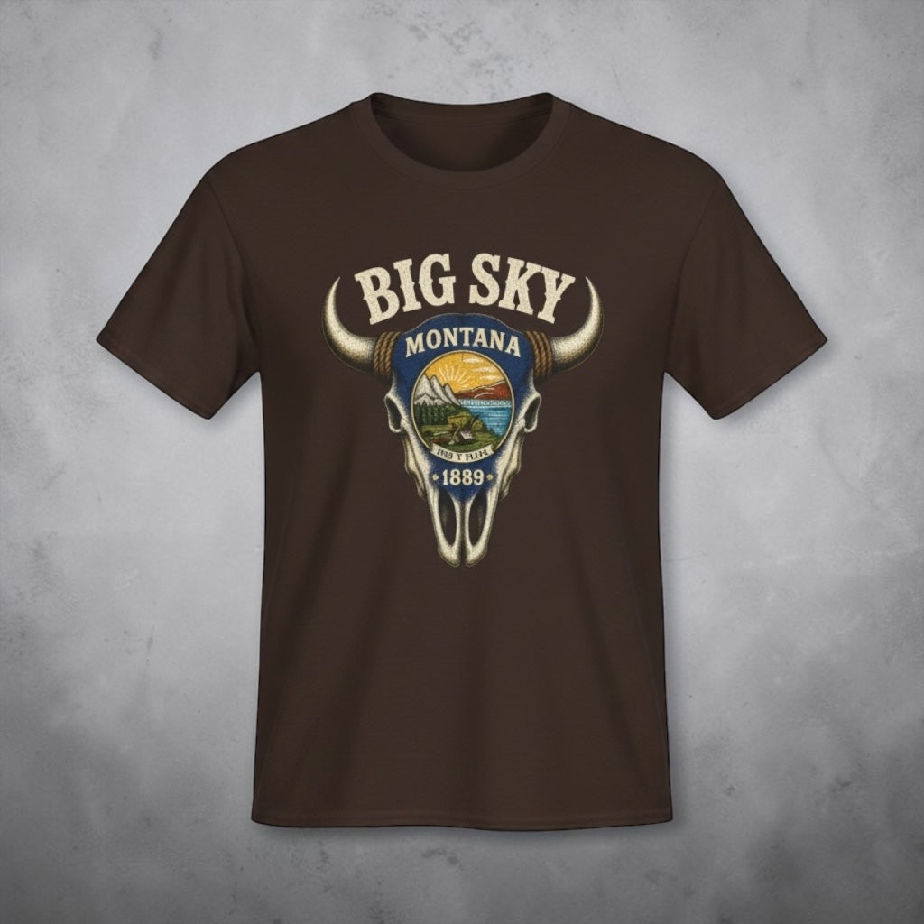 Big Sky Montana Unisex Tee — Vintage Buffalo Skull State Badge T‑Shirt