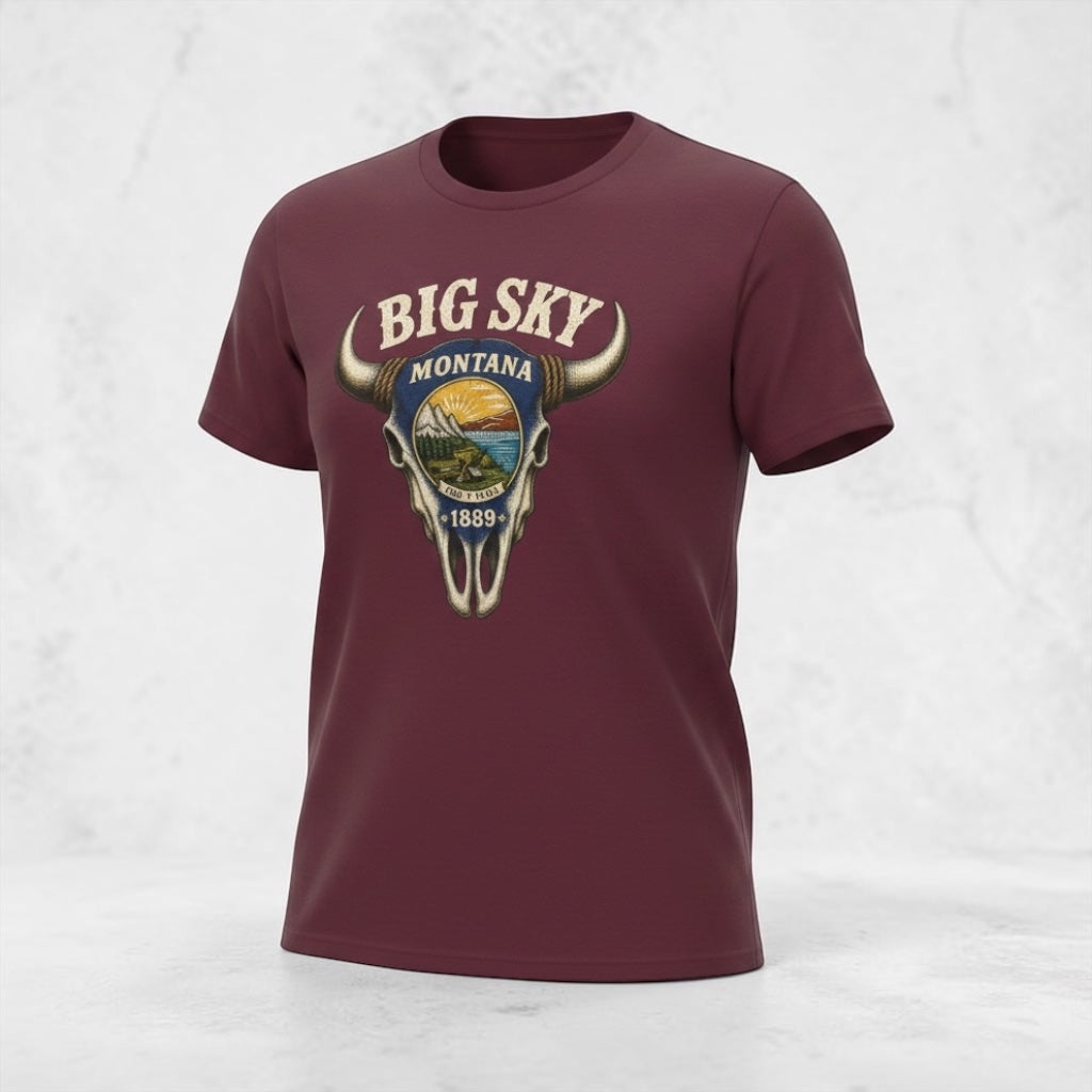 Big Sky Montana Unisex Tee — Vintage Buffalo Skull State Badge T‑Shirt