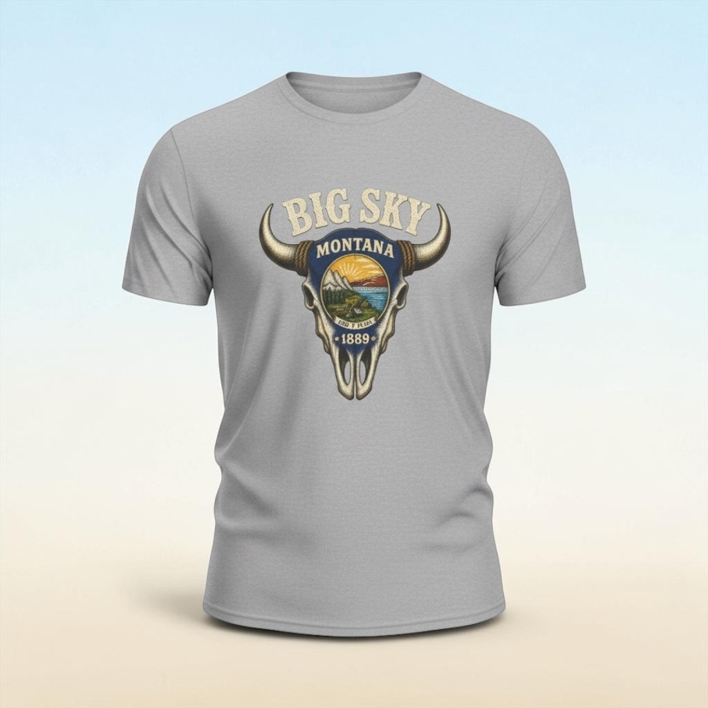 Big Sky Montana Unisex Tee — Vintage Buffalo Skull State Badge T‑Shirt