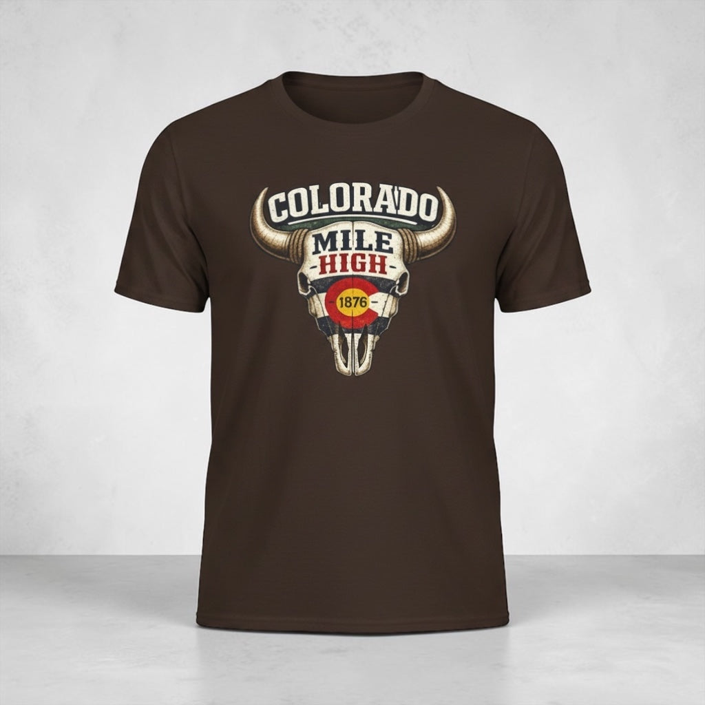 Colorado Mile High Bull Skull T-Shirt by Big Sky Ranch Co., featuring a retro state pride design on a comfortable T-shirt.