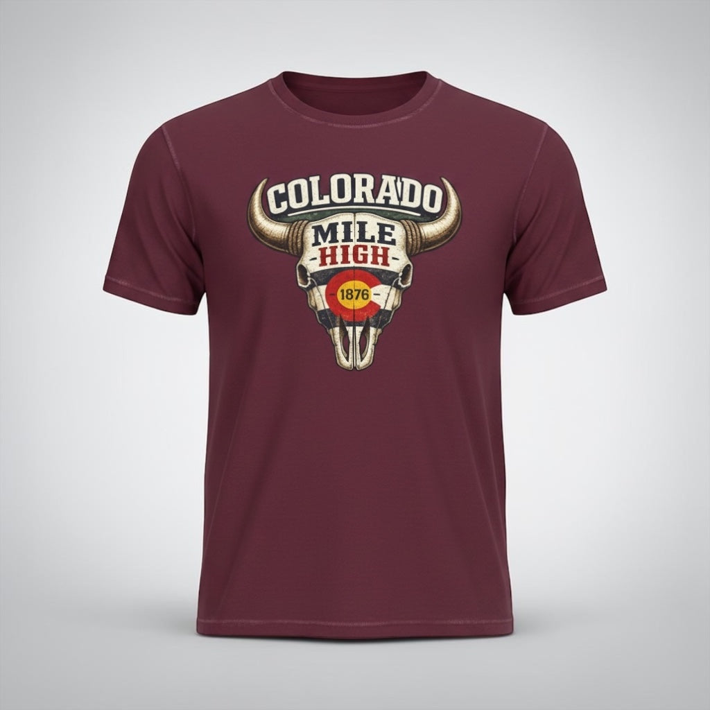 Big Sky Ranch Co. Colorado Mile High Bull Skull T-Shirt featuring a retro design with a bull skull graphic and state pride theme.
