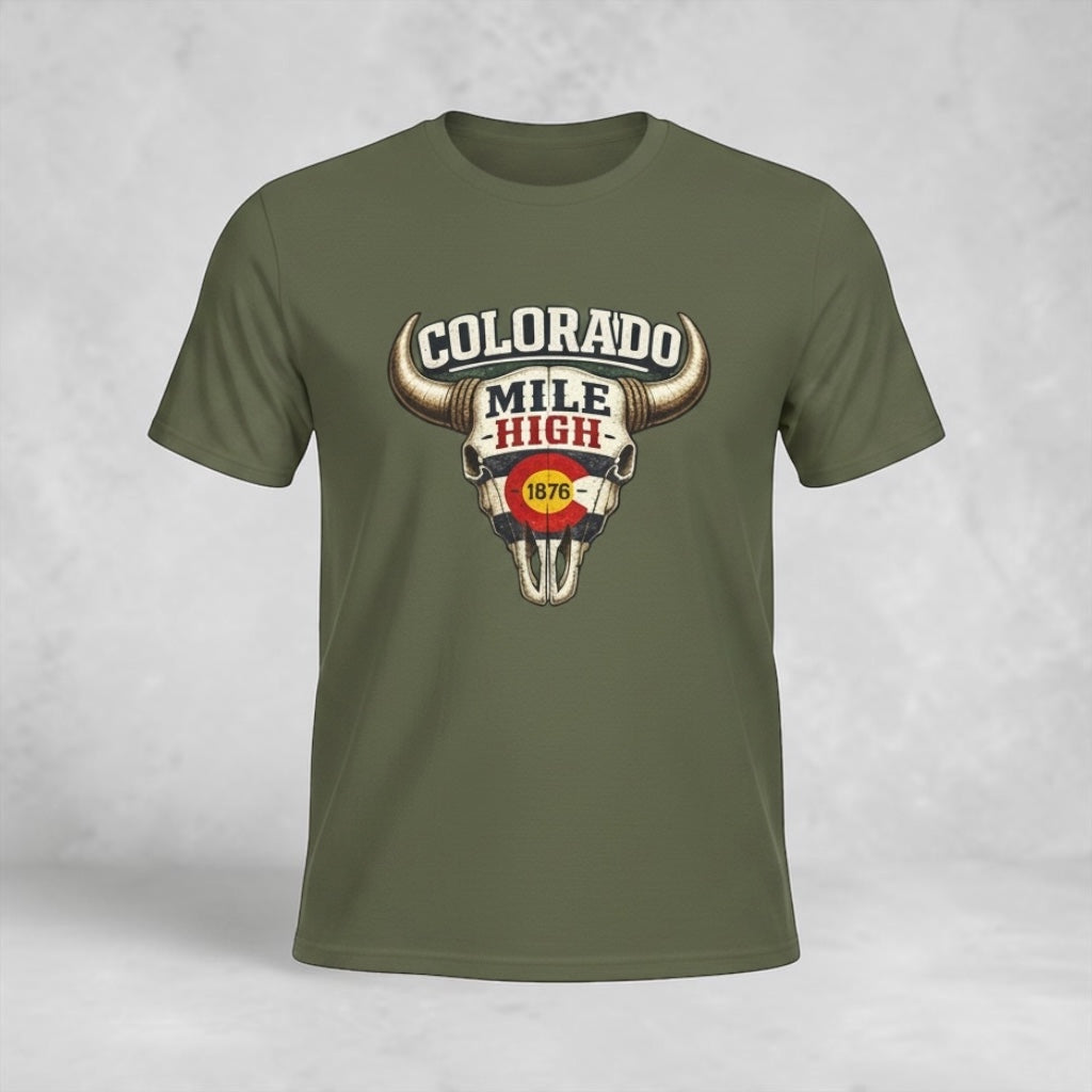 Colorado Mile High Bull Skull T-Shirt by Big Sky Ranch Co. featuring a vintage-style bull skull graphic on a comfortable tee.