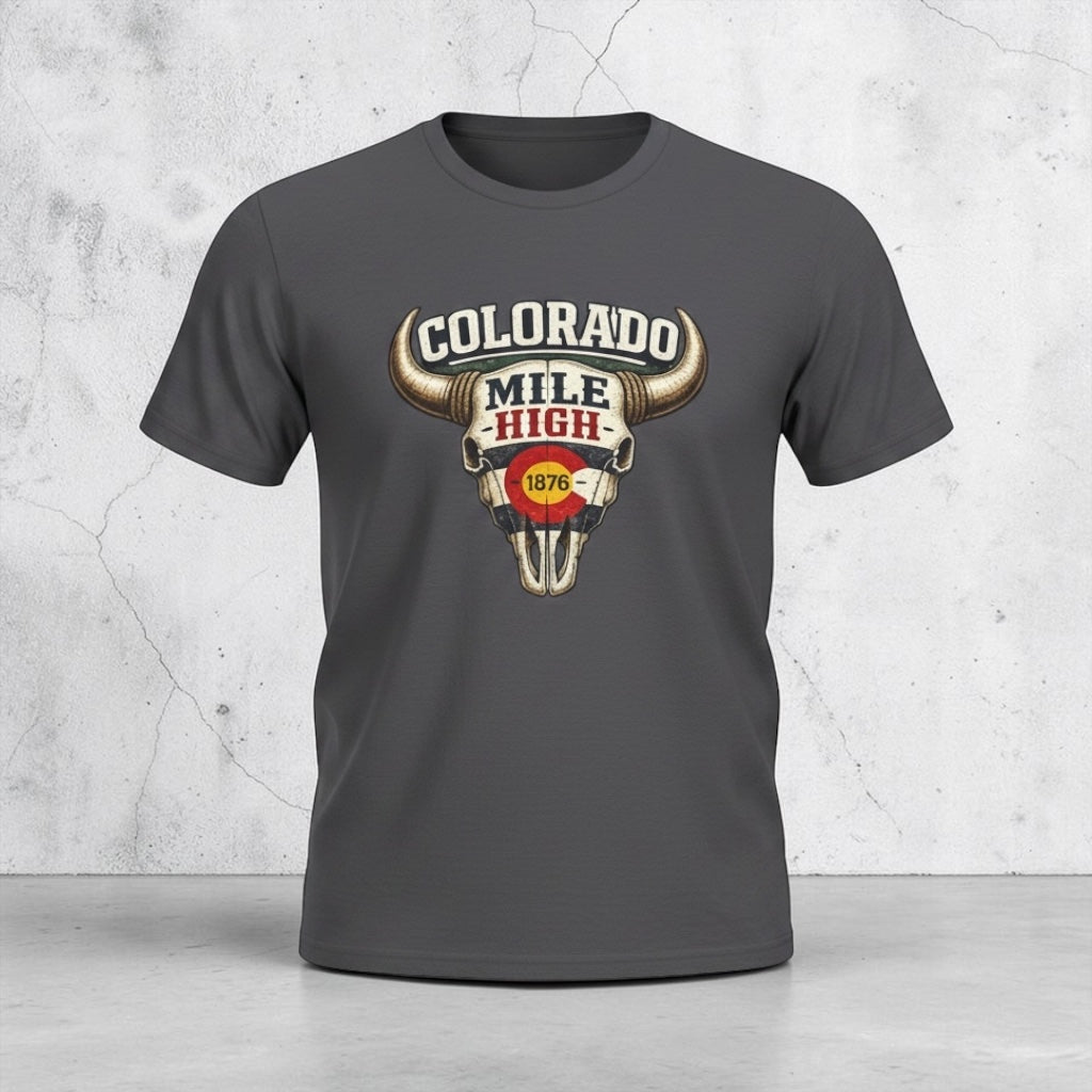 Colorado Mile High Bull Skull T-Shirt by Big Sky Ranch Co., featuring a vintage-inspired bull skull graphic on a comfortable tee.