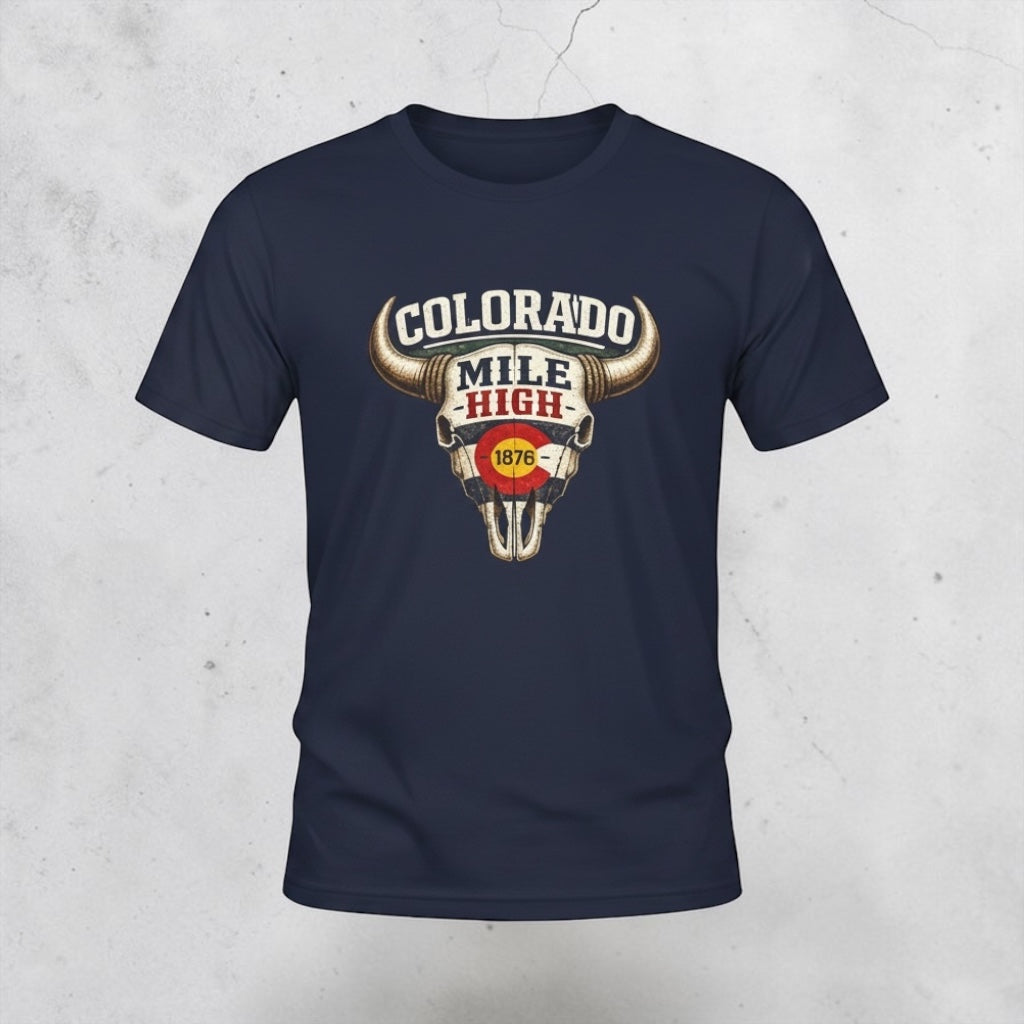 Colorado Mile High Bull Skull T-Shirt by Big Sky Ranch Co., featuring a retro state pride design on a casual cotton tee.