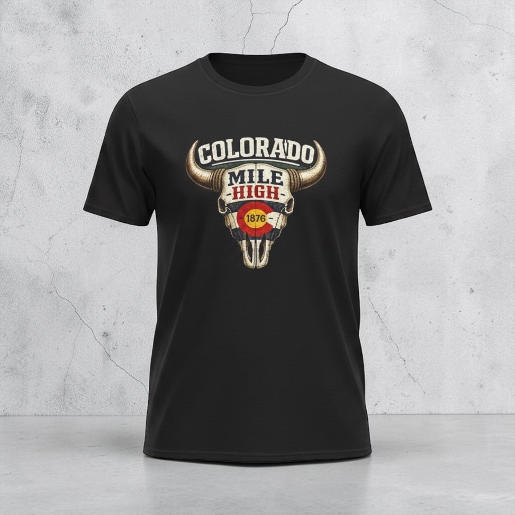 Colorado Mile High Bull Skull T-Shirt by Big Sky Ranch Co., featuring a retro graphic of a bull skull and Colorado state pride.