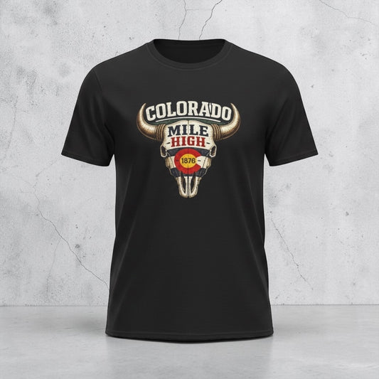 Colorado Mile High Bull Skull T-Shirt by Big Sky Ranch Co., featuring a retro graphic of a bull skull and Colorado state pride.