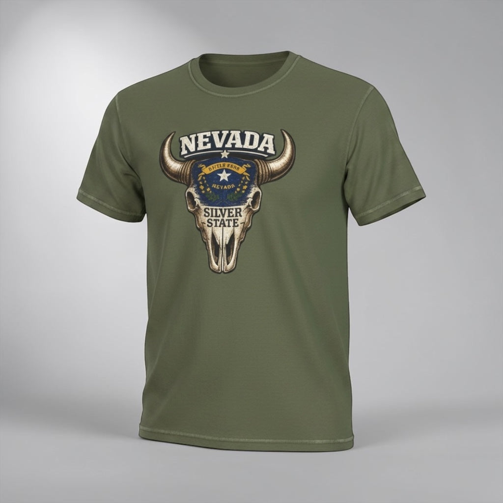 Silver state Nevada bull skull Western T-shirt by Big Sky Ranch Co. featuring a bold retro design on soft fabric.