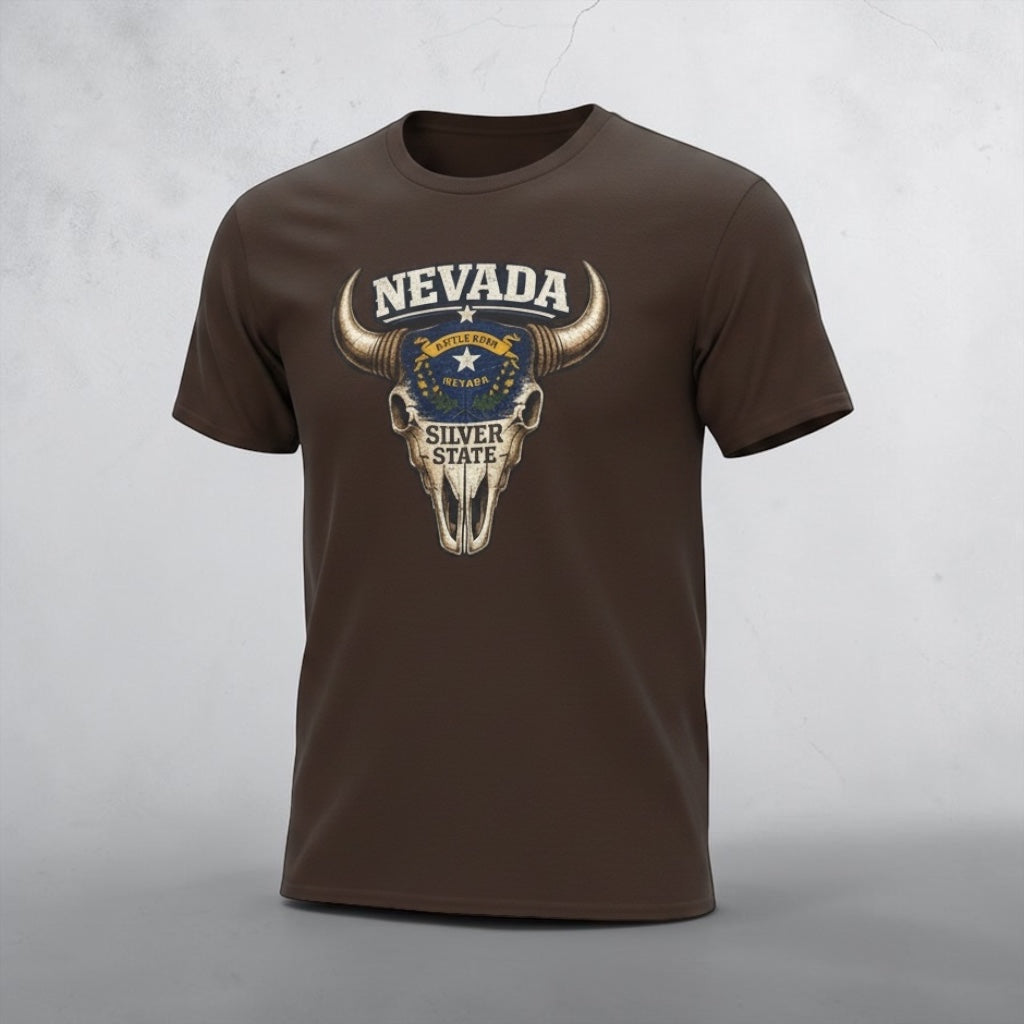 Silver Nevada Bull Skull Western T-Shirt by Big Sky Ranch Co., featuring a retro bull skull design on soft cotton fabric.