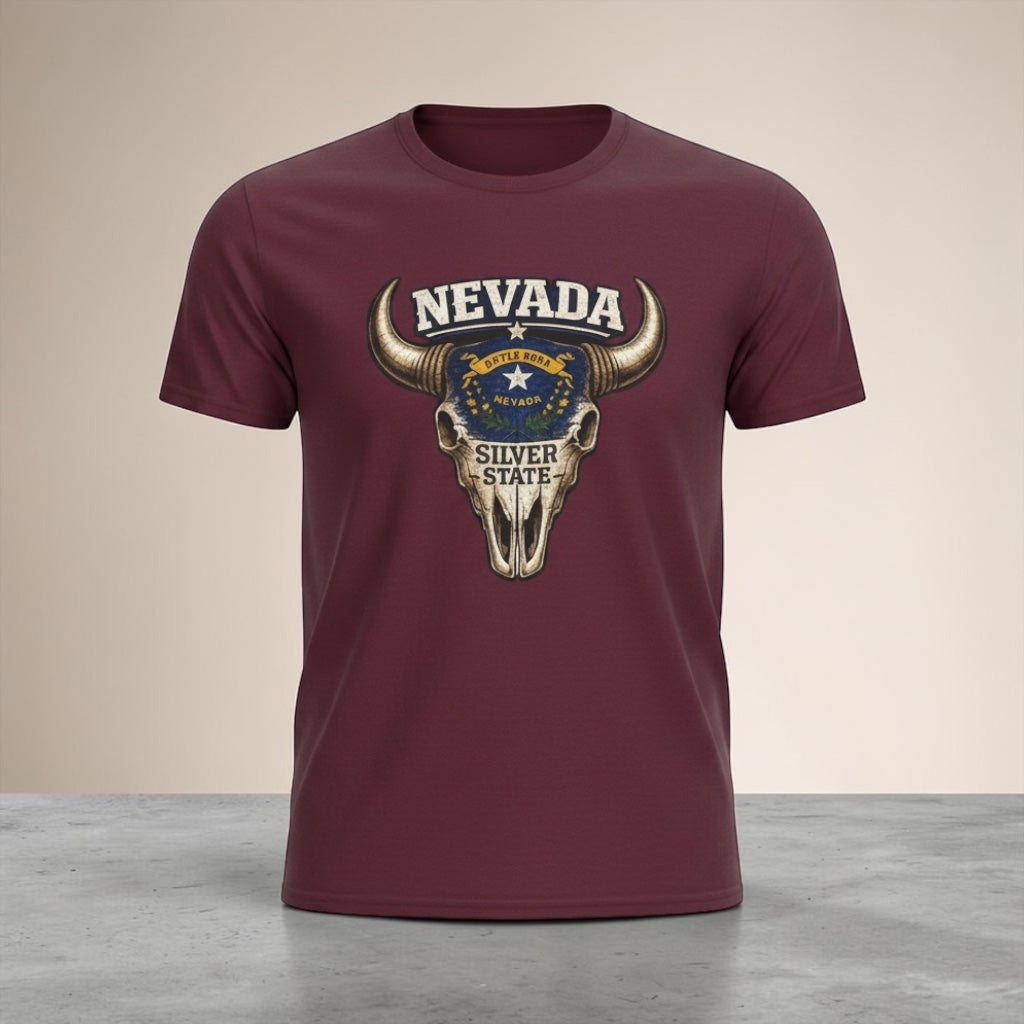 Silver Nevada bull skull graphic T-shirt by Big Sky Ranch Co., featuring retro western style and bold design.