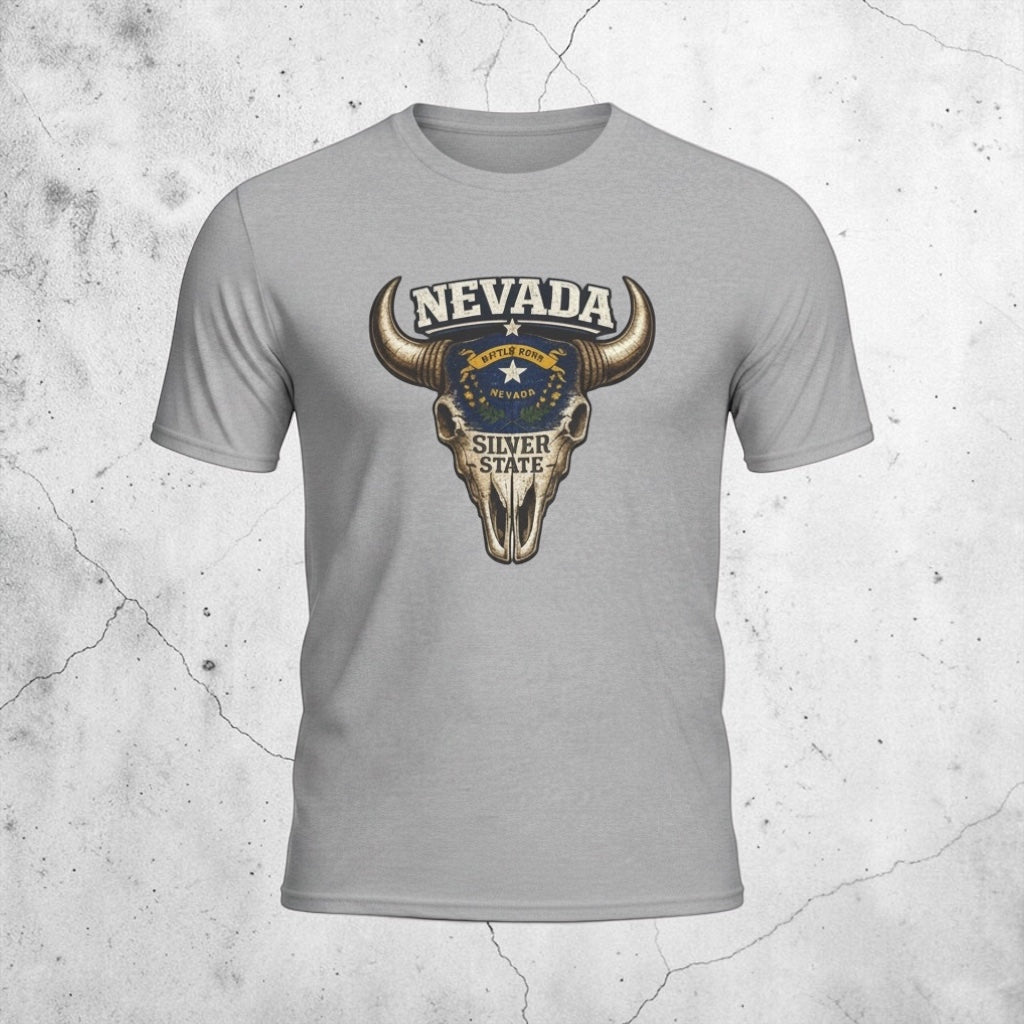 Silver state Nevada bull skull western T-shirt by Big Sky Ranch Co., featuring retro western design and graphic art.