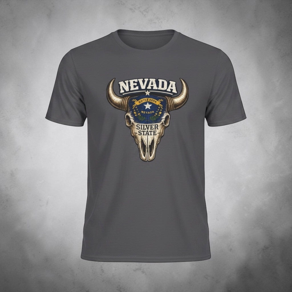 Silver state Nevada bull skull Western T-shirt by Big Sky Ranch Co. featuring a retro bull skull design on soft cotton fabric