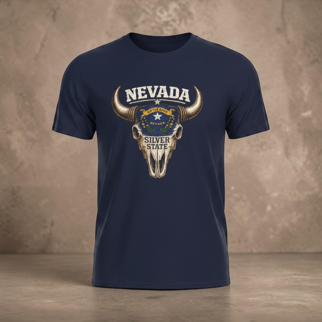 Silver Nevada bull skull graphic T-shirt by Big Sky Ranch Co., featuring retro western design on a casual tee.