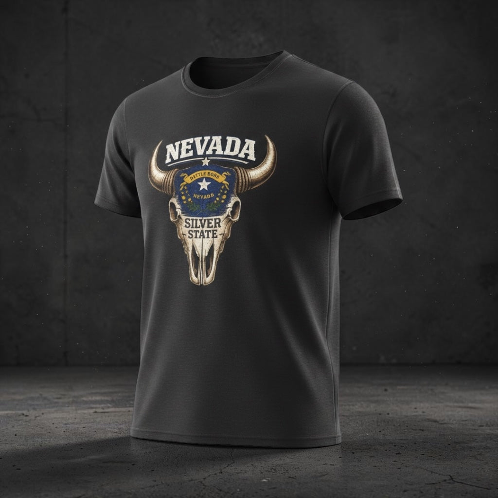 Silver Nevada Bull Skull Western T-Shirt by Big Sky Ranch Co. featuring a retro bull skull design on a casual tee.