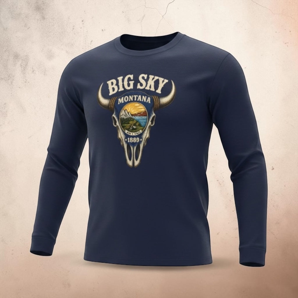 Unisex long sleeve tee with Western skull and Montana scenic graphic by Big Sky Ranch Co.