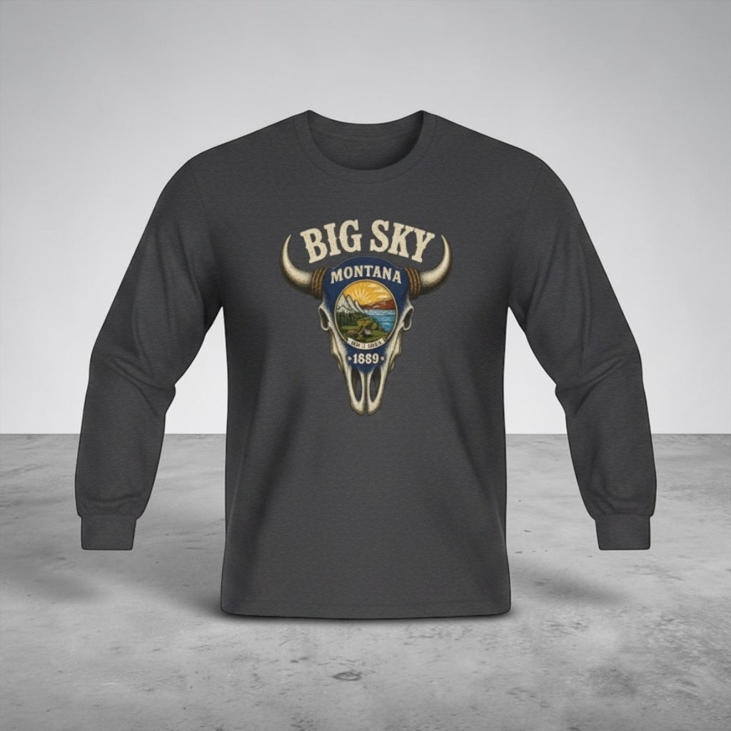 Unisex long sleeve tee by Big Sky Ranch Co. with western skull and scenic Montana mountain graphic on the front.