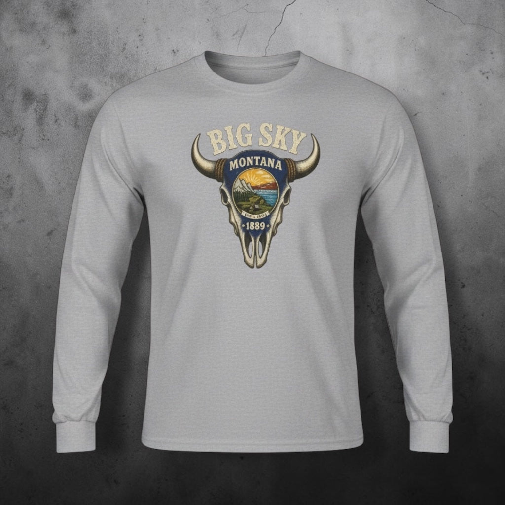 Big Sky Montana long sleeve unisex T-shirt with Western skull scenic graphic by Big Sky Ranch Co.