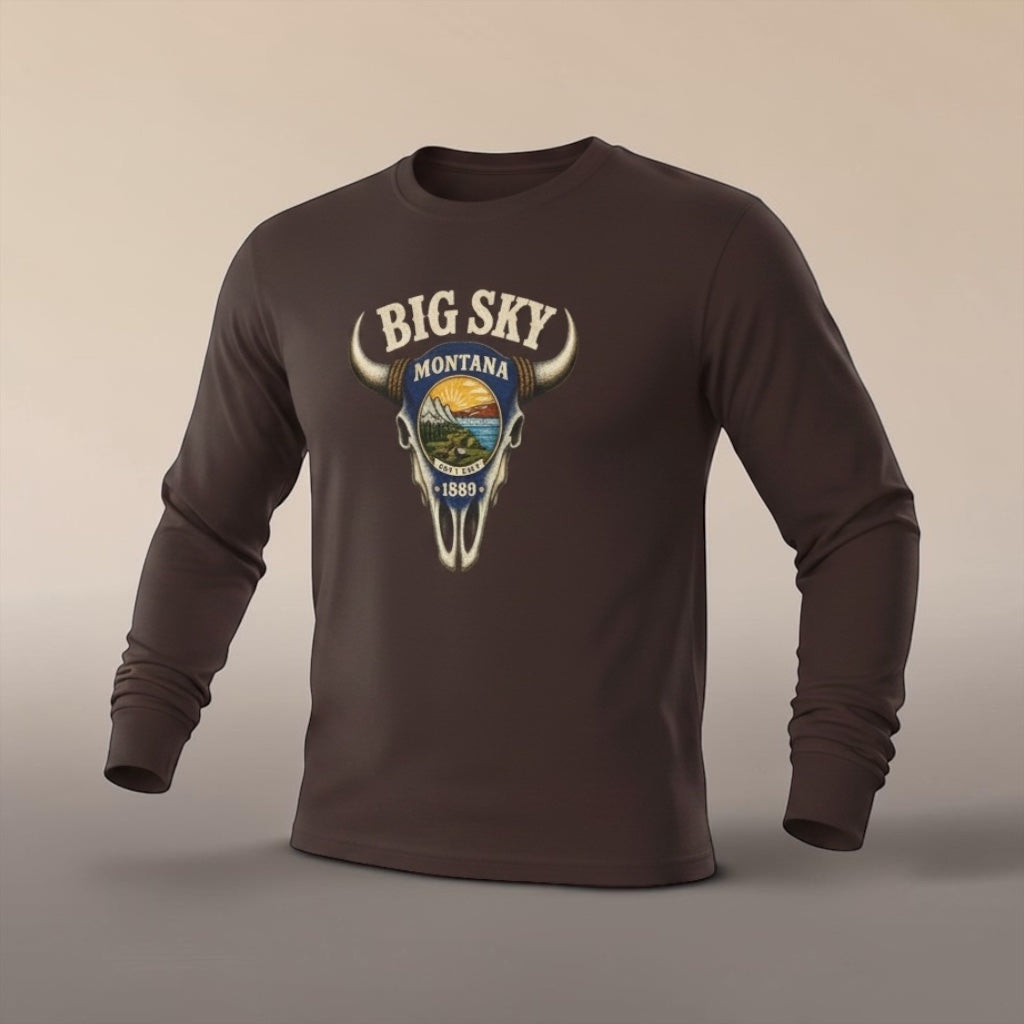 Unisex long sleeve tee by Big Sky Ranch Co. featuring a Western skull and scenic mountain graphic in Montana.