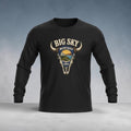 Unisex long sleeve tee by Big Sky Ranch Co. featuring a Western skull and scenic mountain graphic in Montana.
