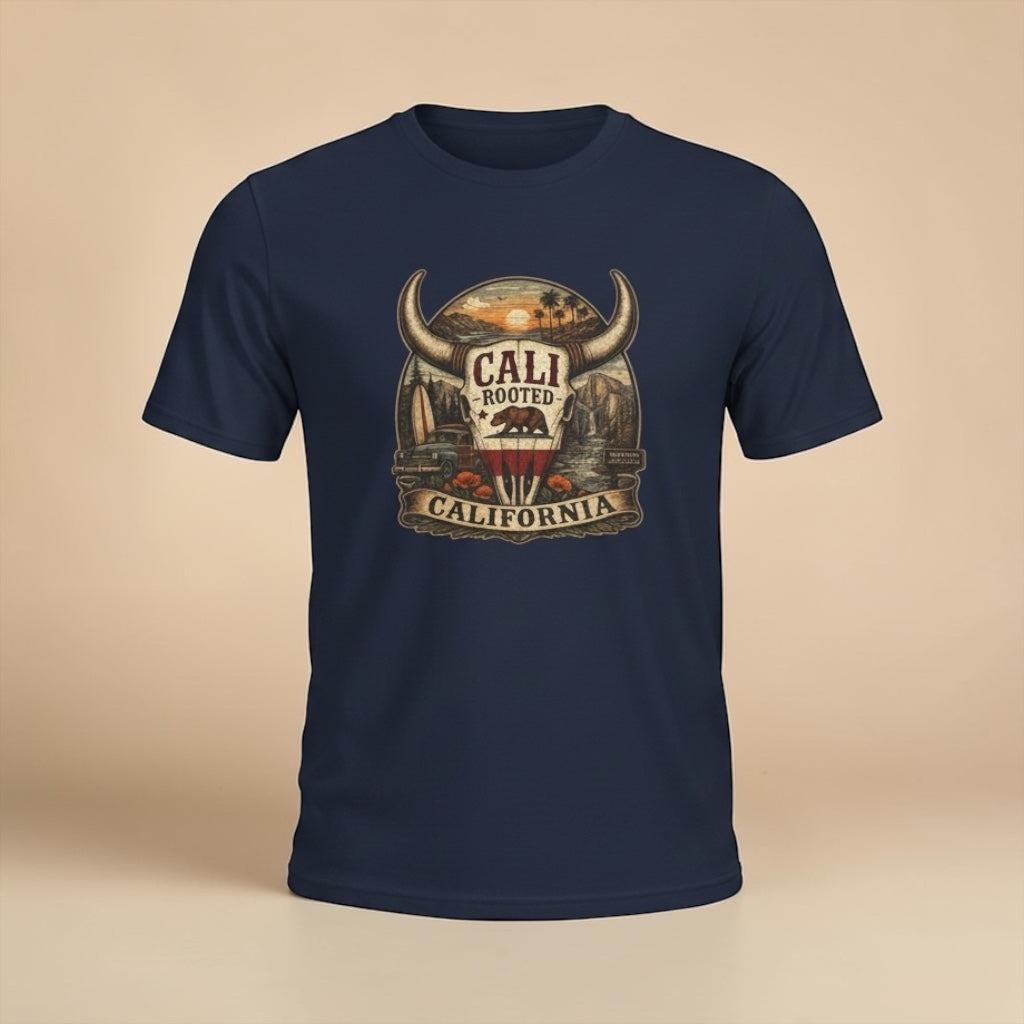 Big Sky Ranch Co. Cali Rooted Bull Skull unisex vintage California Western T-shirt, featuring a bold bull skull graphic.