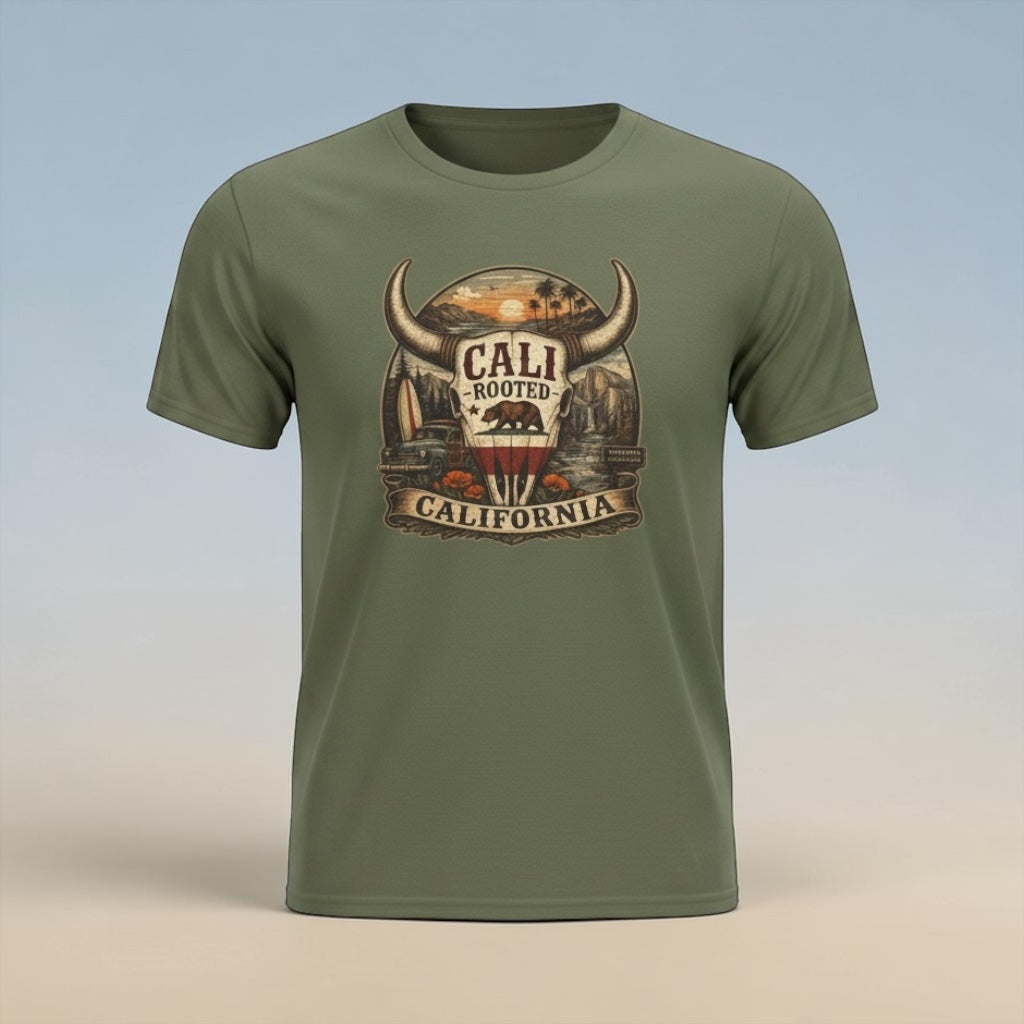Unisex Cali Rooted Bull Skull T-Shirt by Big Sky Ranch Co., vintage California Western style tee shown on model.
