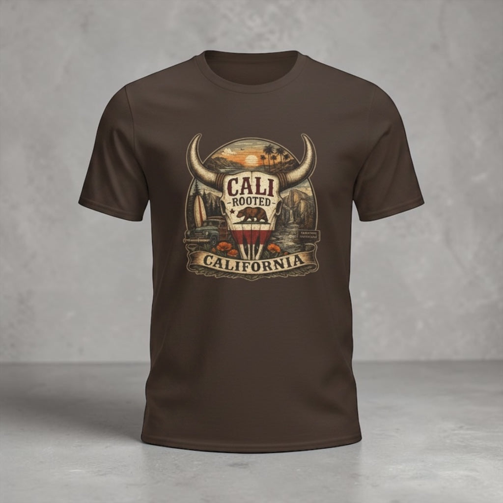 Unisex Cali Rooted Bull Skull T-Shirt by Big Sky Ranch Co., vintage California western style, featuring a bold bull skull graphic.