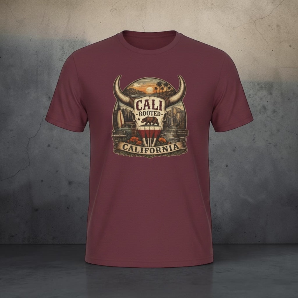 Unisex Cali Rooted Bull Skull T-Shirt by Big Sky Ranch Co., vintage California western style tee with bull skull graphic.