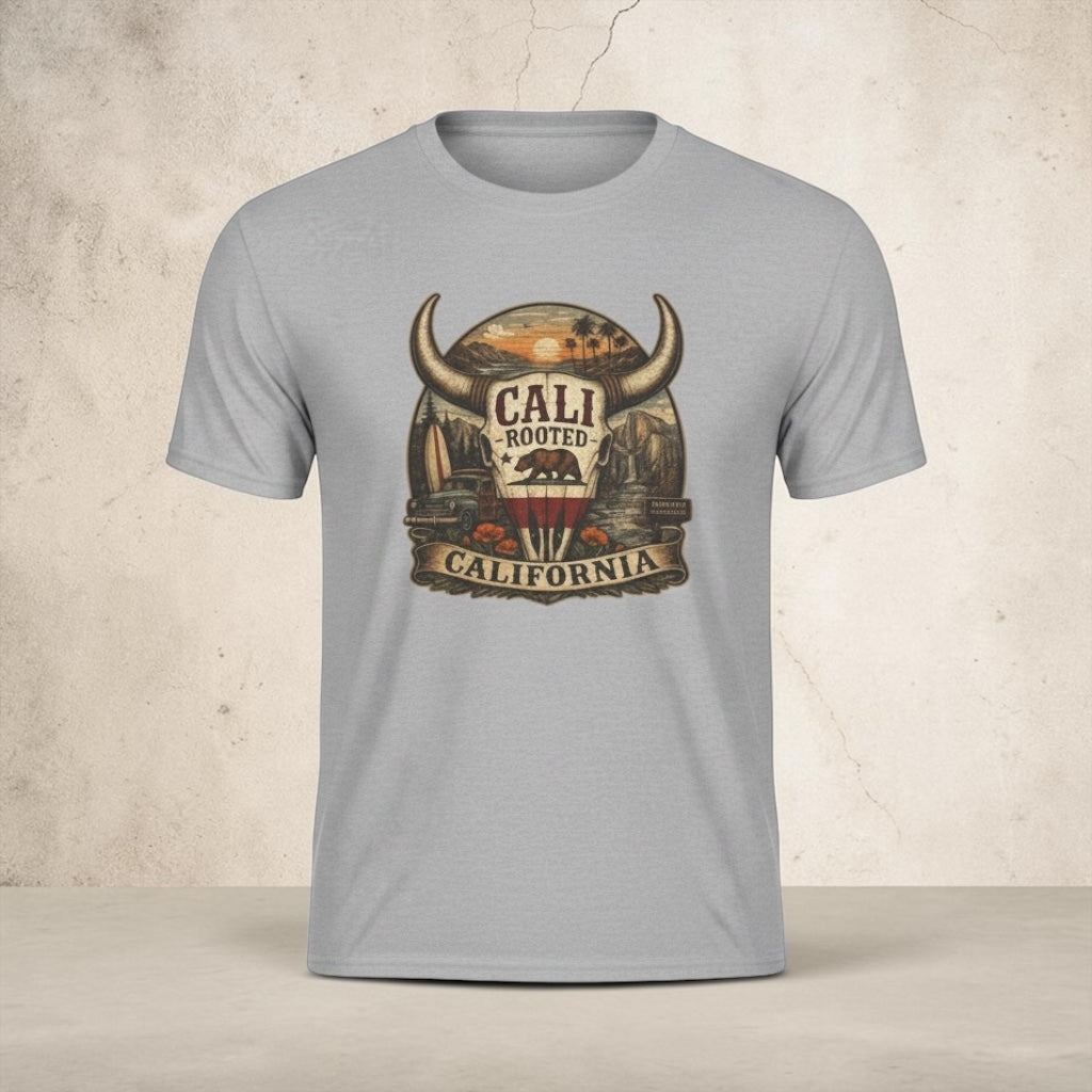 Unisex Cali Rooted Bull Skull T-Shirt by Big Sky Ranch Co. featuring vintage California Western design and graphic print.