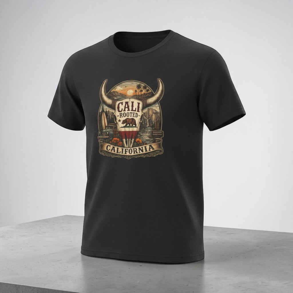 Unisex Cali Rooted Bull Skull T-Shirt by Big Sky Ranch Co., vintage California Western style tee with graphic print.