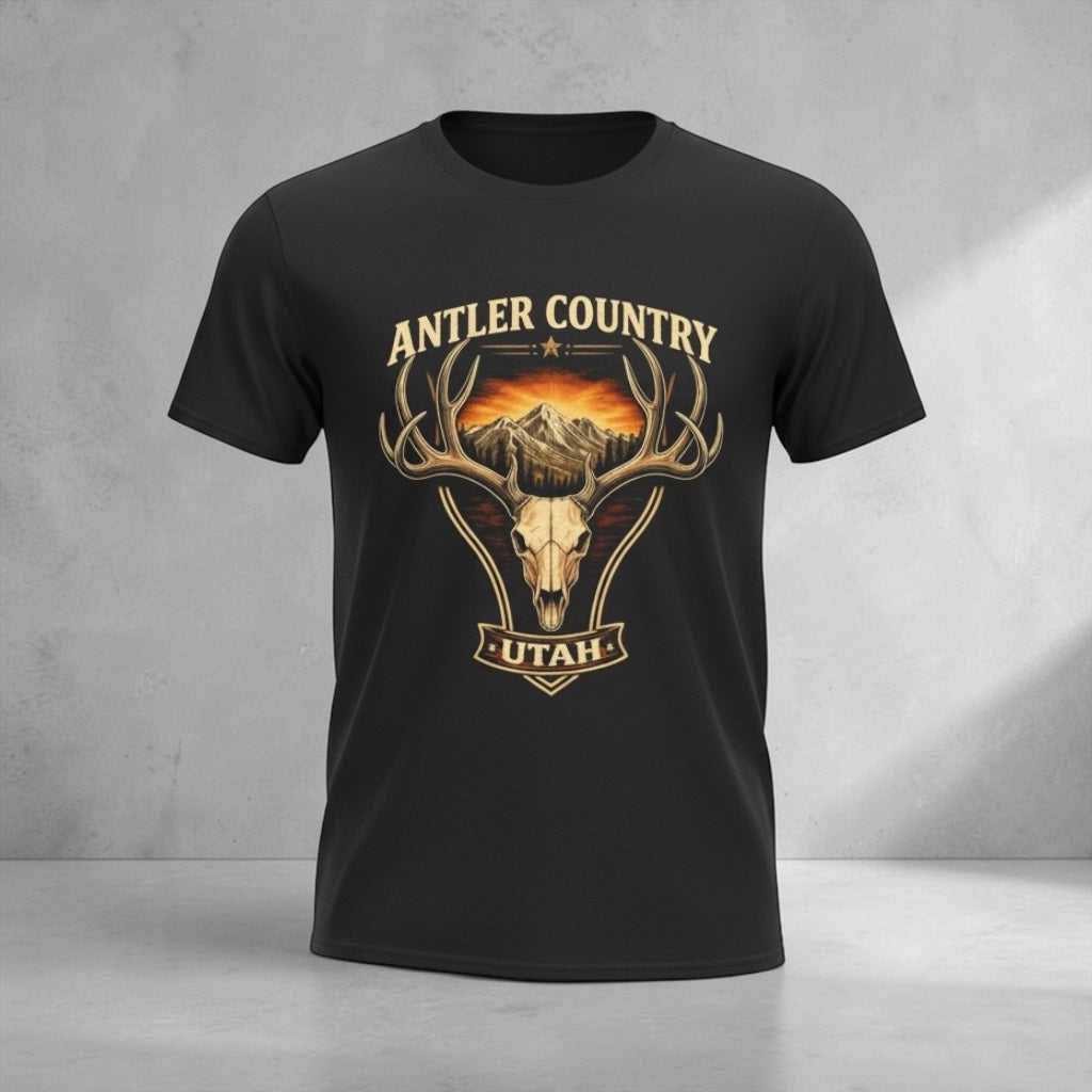 Vintage Antler Country Utah T-Shirt by Big Sky Ranch Co. with deer skull and mountain graphic, showcasing rustic outdoor design.
