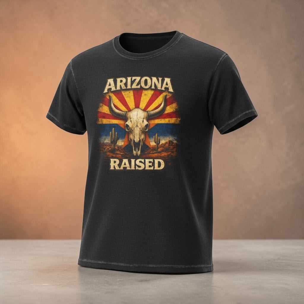 Arizona Raised T-Shirt by Big Sky Ranch Co. featuring a desert skull and retro flag design on soft cotton fabric.