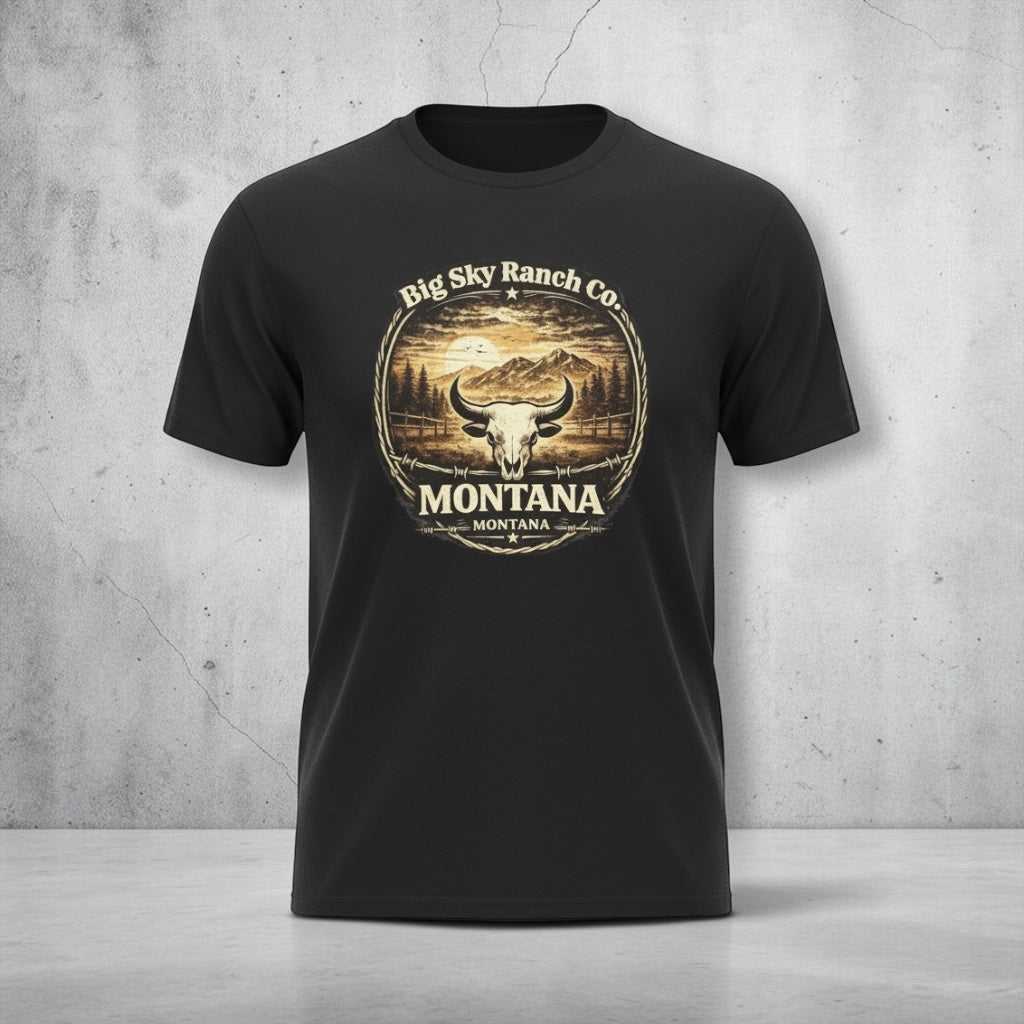 Big Sky Ranch Bull Skull Graphic T-Shirt by Montana Ranch Co. featuring a bold ranch bull skull design on a casual tee.