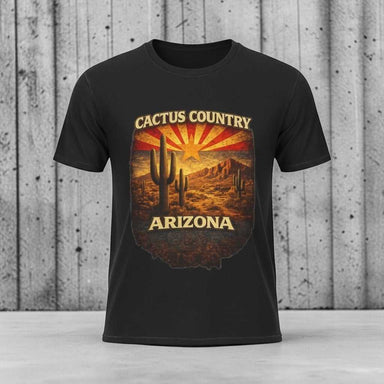 Cactus Arizona T-shirt design featuring a green cactus with a warm desert sunset background and vintage-style typography.