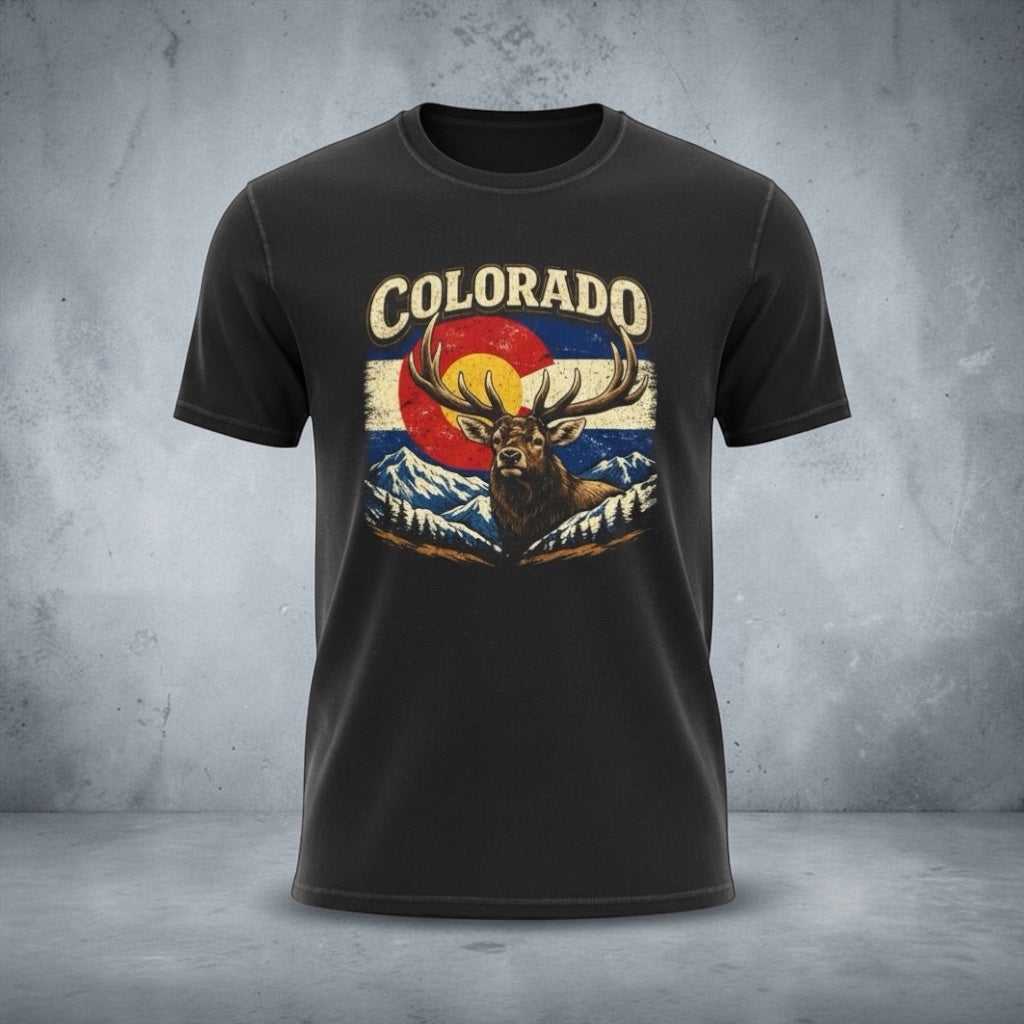 Big Sky Ranch Co. Colorado Elk Retro Graphic T-Shirt featuring a vintage-style elk design on soft cotton fabric.