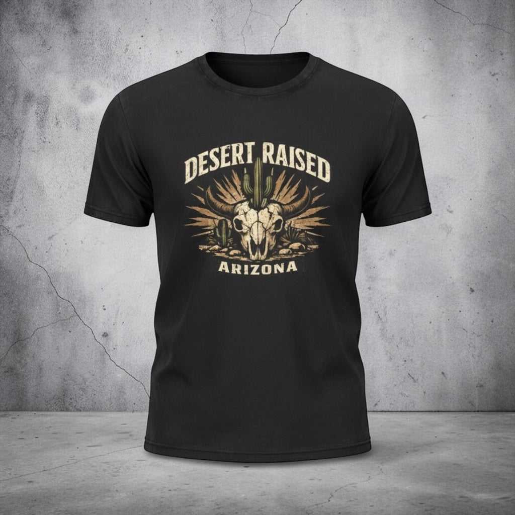 Desert Raised Arizona T-Shirt by Big Sky Ranch Co. featuring a southwestern skull and cactus graphic on a casual tee.