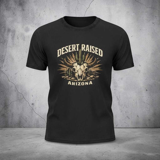 Desert Raised Arizona T-Shirt by Big Sky Ranch Co. featuring a southwestern skull and cactus graphic on a casual tee.