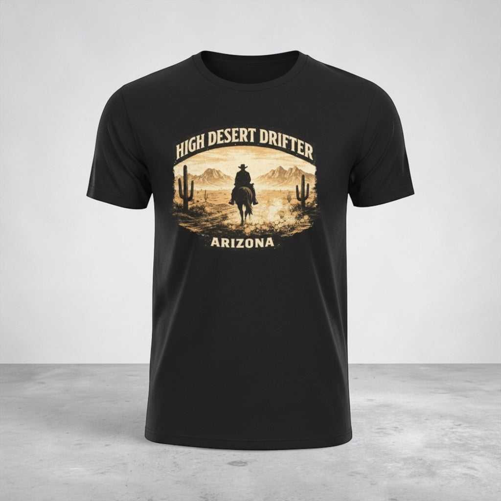 Western cowboy desert graphic T-shirt by Big Sky Ranch Co., featuring the High Desert Drifter Arizona design on a casual tee.