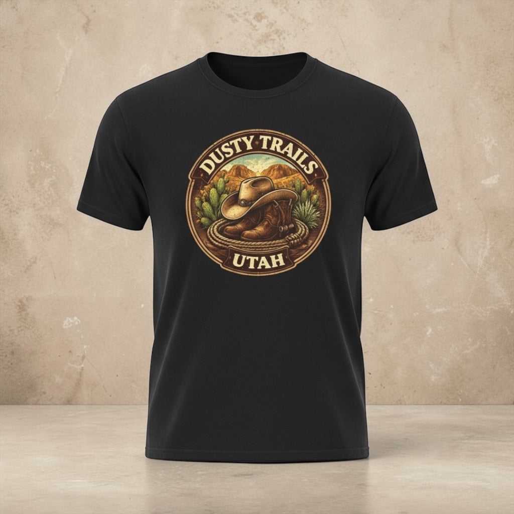 Dusty Trails Utah Cowboy Hat T-shirt by Big Sky Ranch Co., featuring a rugged cowboy hat design on a casual tee.