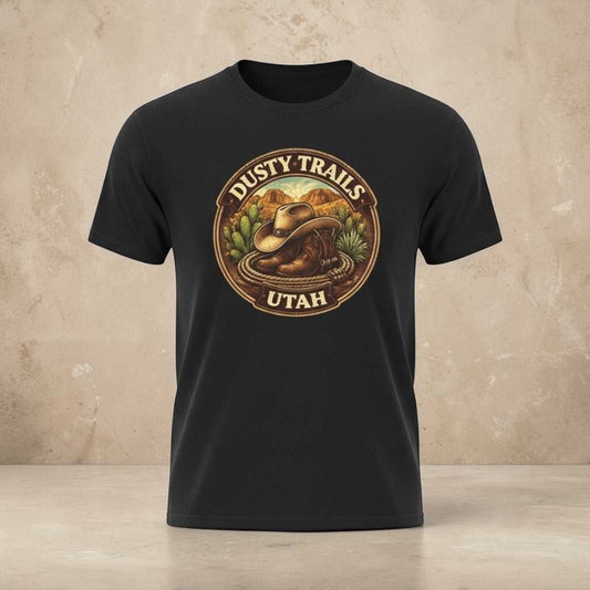Dusty Trails Utah Cowboy Hat T-shirt by Big Sky Ranch Co., featuring a rugged cowboy hat design on a casual tee.