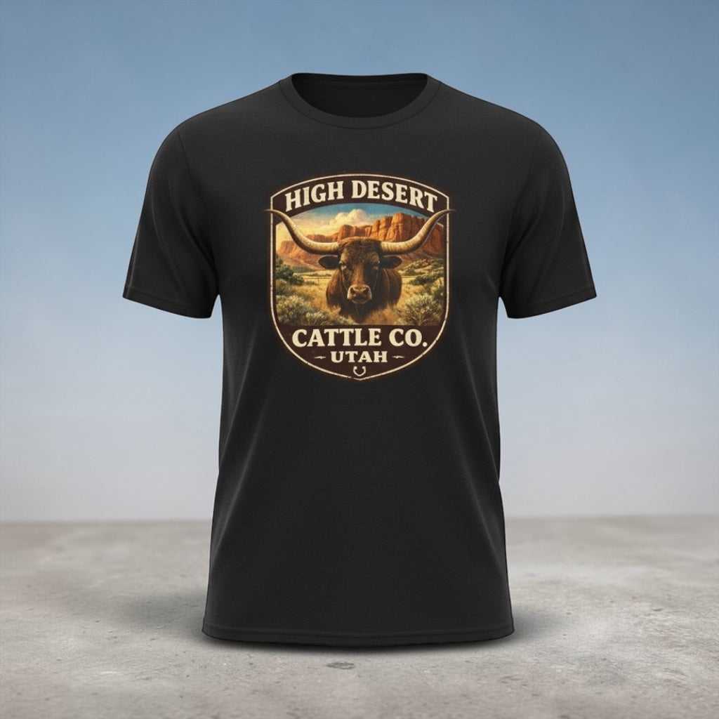 Vintage Utah Longhorn Ranch T-shirt by Big Sky Ranch Co., featuring a high desert cattle design on a classic tee.