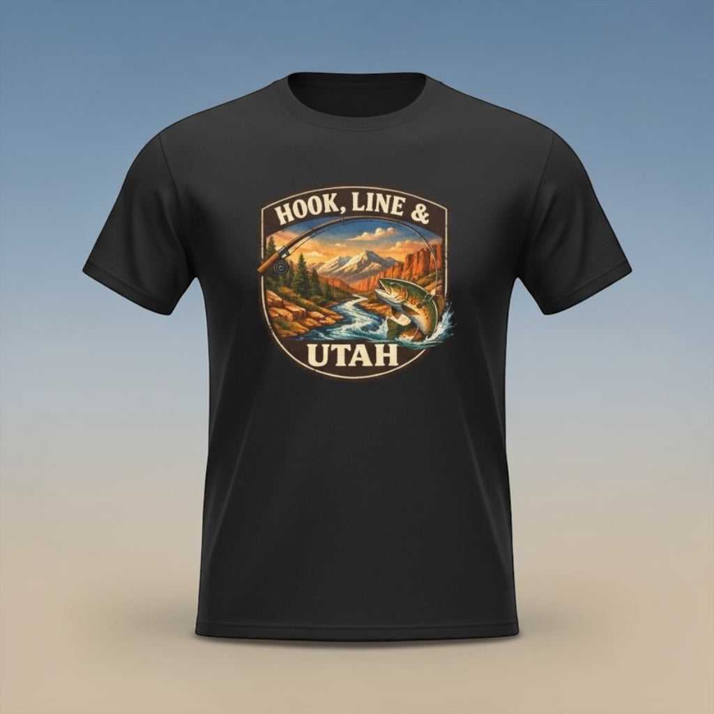 Big Sky Ranch Co. Hook, Line & Utah fishing T-shirt featuring a fishing hook and scenic Utah landscape design.