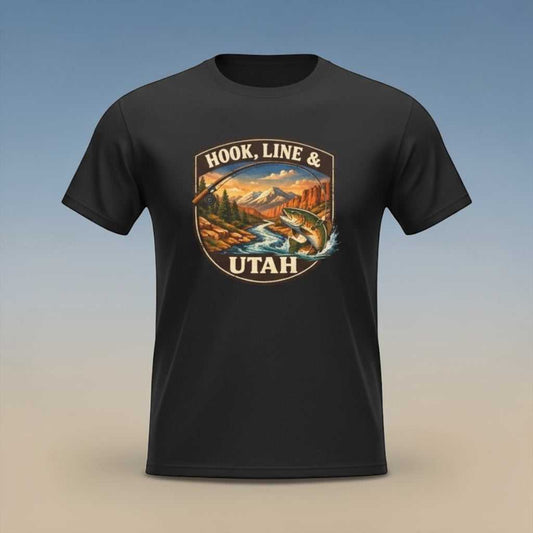 Big Sky Ranch Co. Hook, Line & Utah fishing T-shirt featuring a fishing hook and scenic Utah landscape design.
