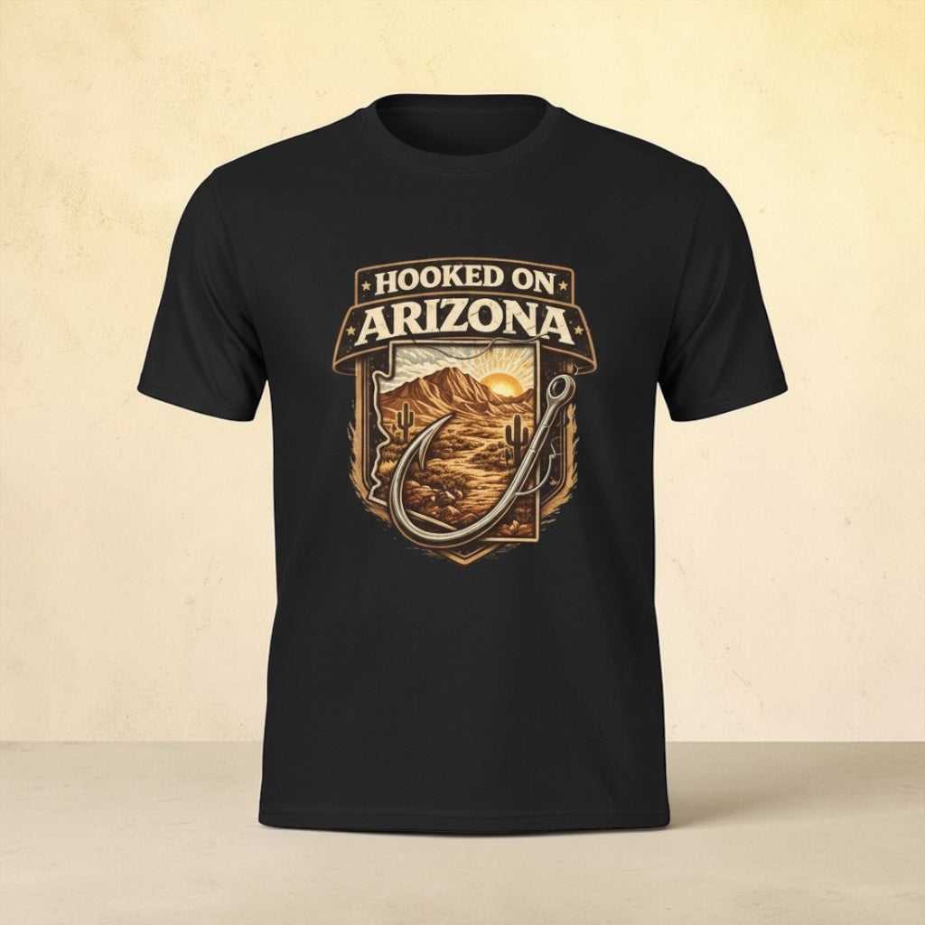 Vintage outdoors angler T-shirt by Big Sky Ranch Co. featuring a fishing hook design on a classic Arizona-themed T-shirt.