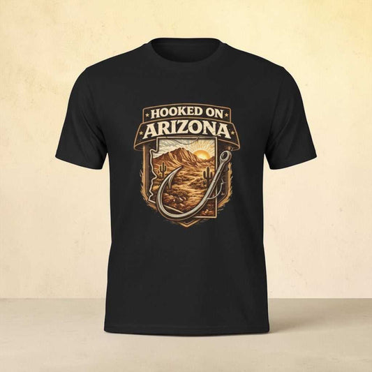 Vintage outdoors angler T-shirt by Big Sky Ranch Co. featuring a fishing hook design on a classic Arizona-themed T-shirt.